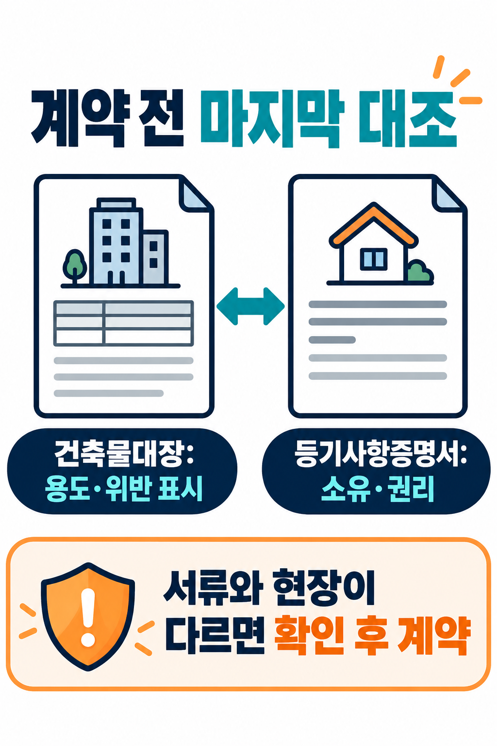 건축물대장은 용도와 위반 표시를, 등기사항증명서는 소유와 권리를 확인하며 서류와 현장이 다르면 확인 후 계약하라는 카드뉴스