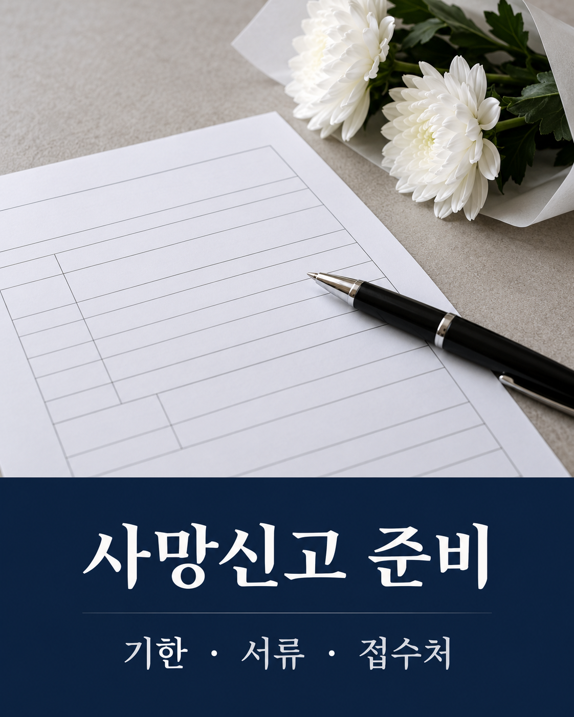 사망신고 준비: 기한, 서류, 접수처를 차례로 확인하는 제목 카드뉴스