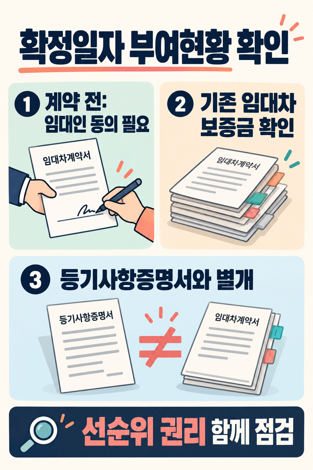 확정일자 부여현황 카드뉴스: 계약 전 임대인 동의, 기존 임대차 보증금 확인, 등기사항증명서와 별도로 점검