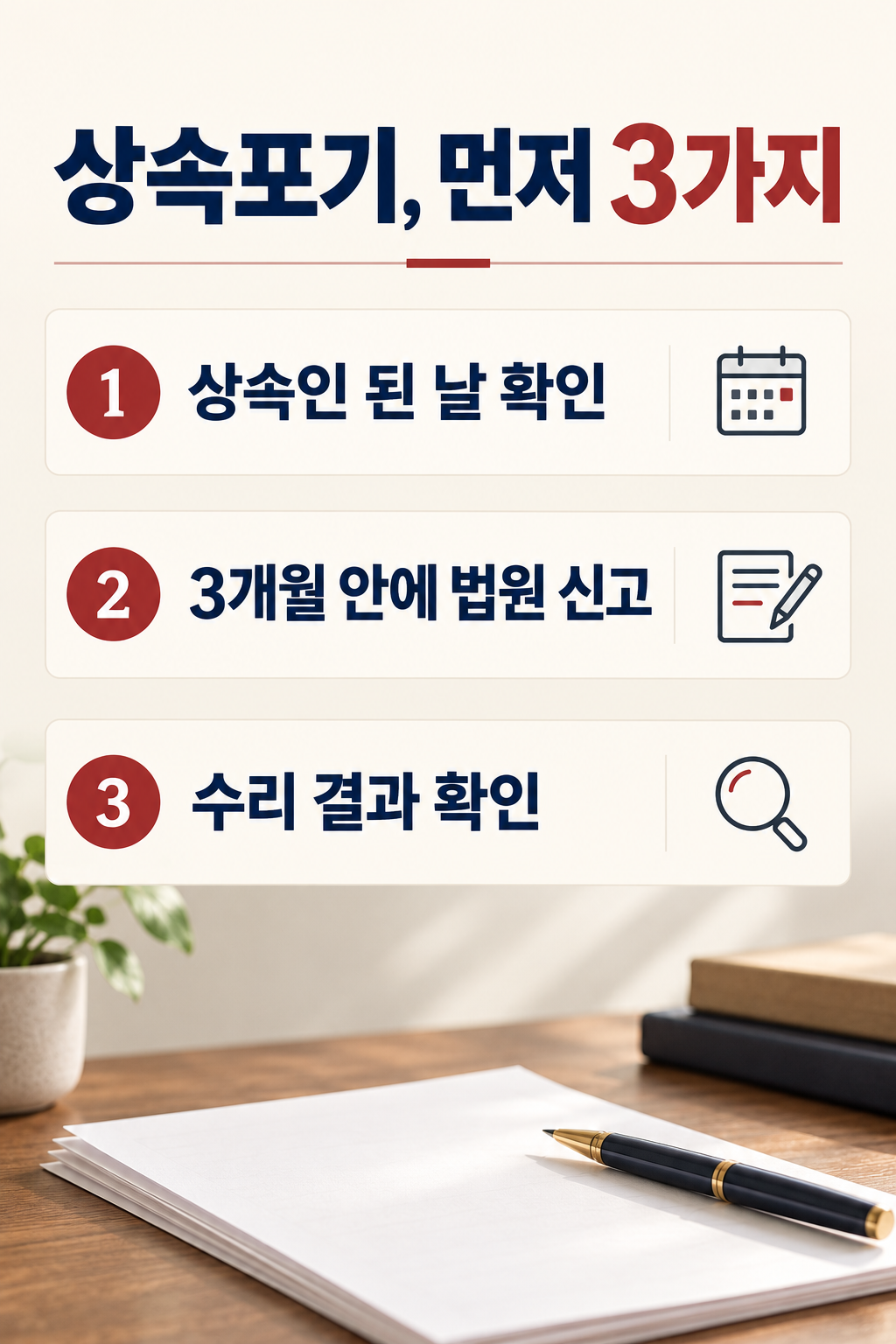 상속포기 3단계: 상속인이 된 날 확인, 3개월 안에 법원 신고, 수리 결과 확인