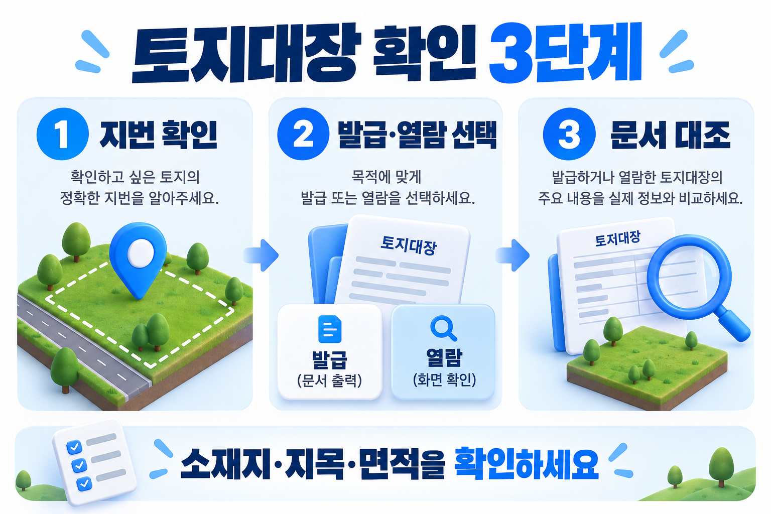 토지대장 확인 3단계 지번 확인, 발급·열람 선택, 문서 대조