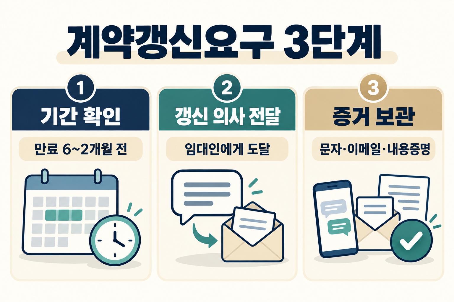 계약갱신요구 3단계: 만료 6~2개월 전 기간 확인, 갱신 의사를 임대인에게 전달, 문자·이메일·내용증명 증거 보관