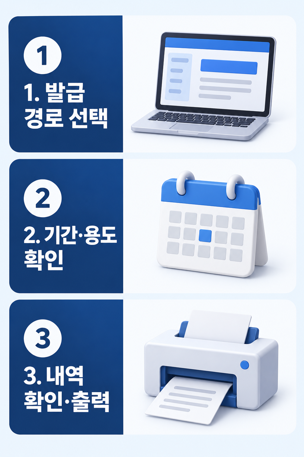 발급 경로 선택, 기간·용도 확인, 납부 내역 확인·출력의 세 단계를 보여 주는 카드뉴스