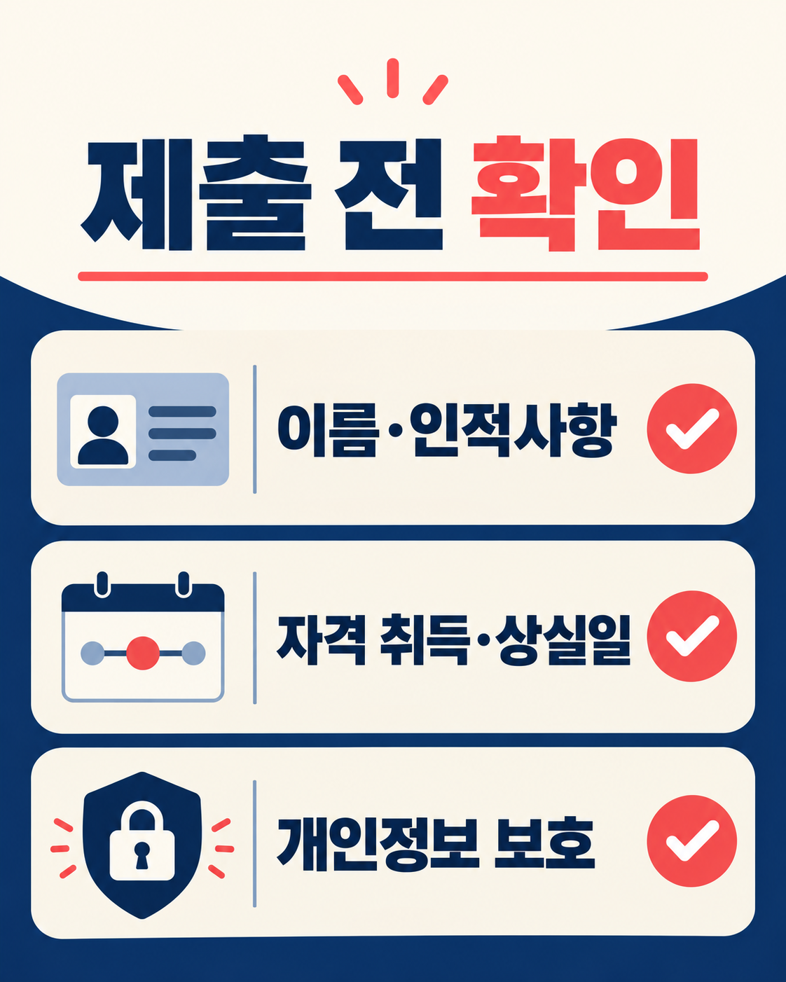 제출 전 이름·인적사항, 자격 취득·상실일, 개인정보 보호를 확인하는 카드뉴스