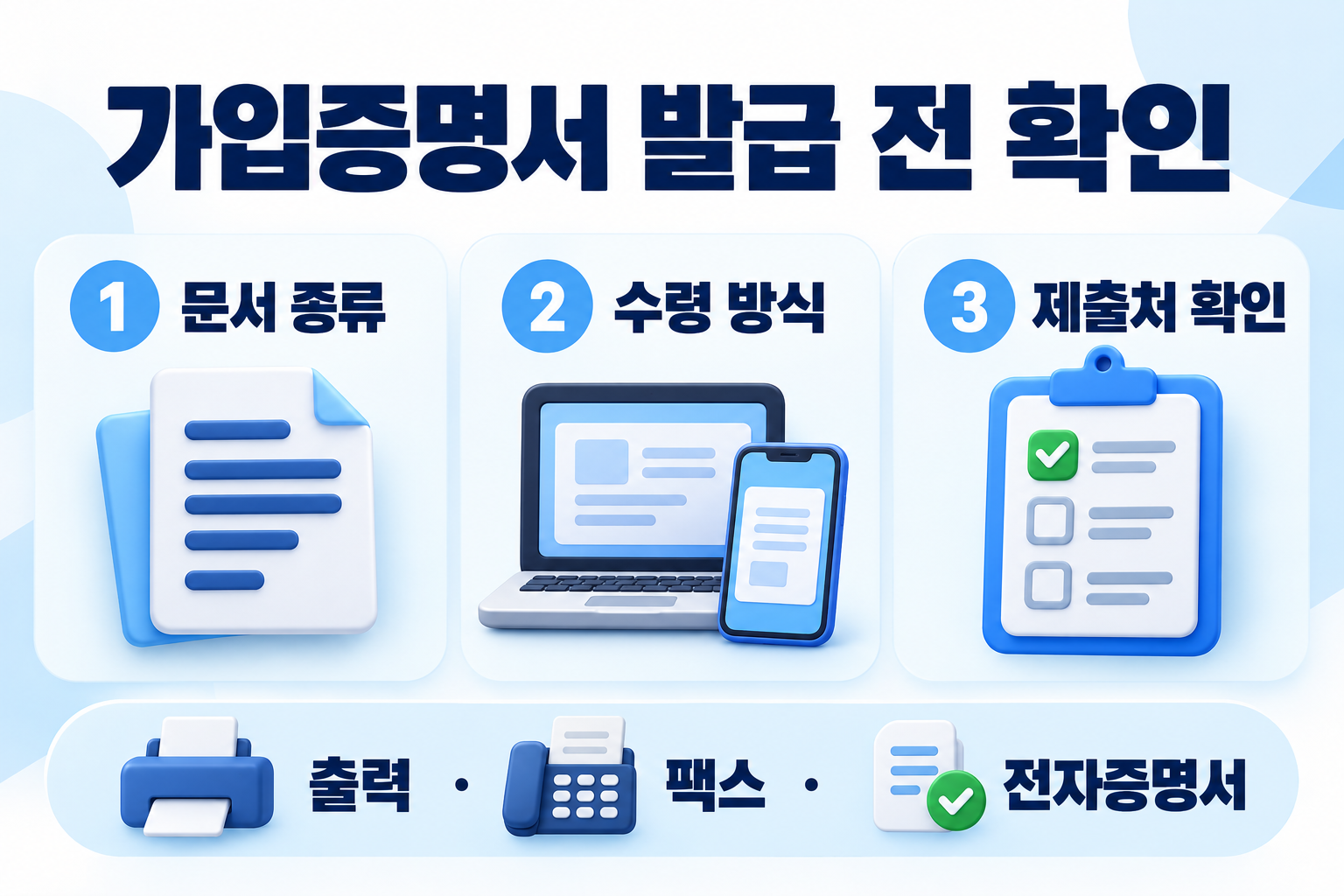 가입증명서 발급 전 문서 종류, 수령 방식, 제출처 확인의 세 가지 점검사항