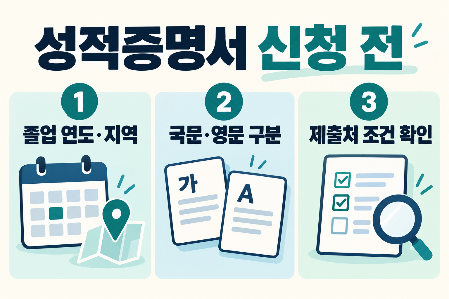 성적증명서 신청 전 졸업 연도와 지역, 국문 영문, 제출처 조건 확인