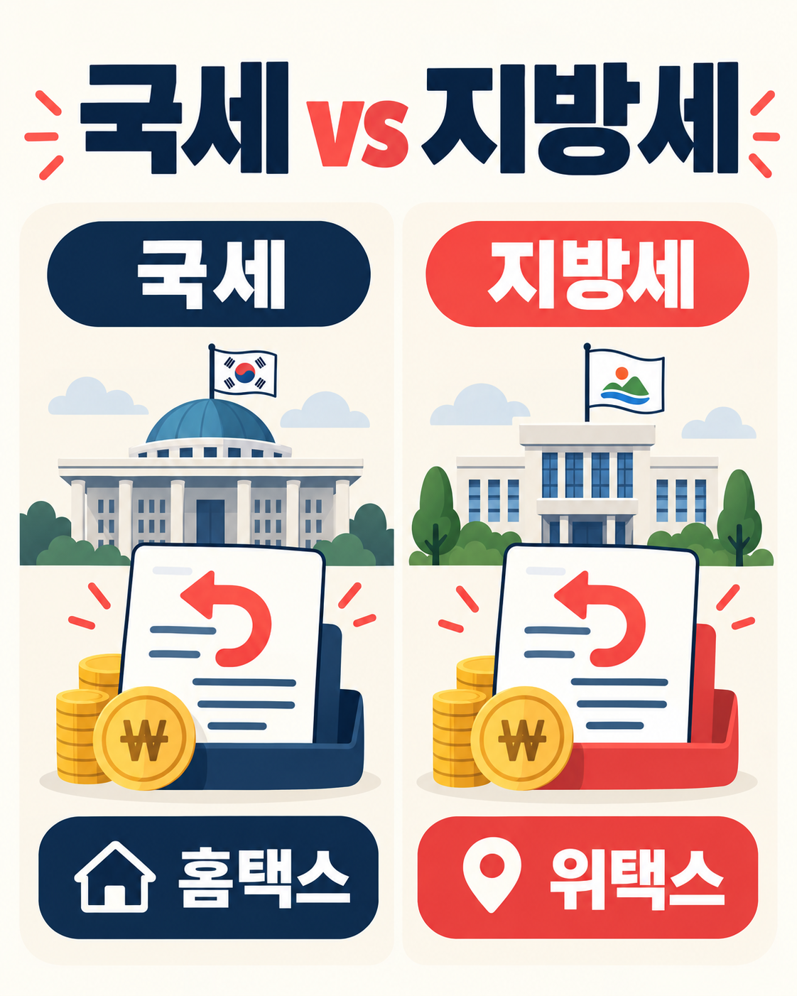국세는 홈택스, 지방세는 위택스에서 확인한다는 차이를 보여 주는 카드뉴스